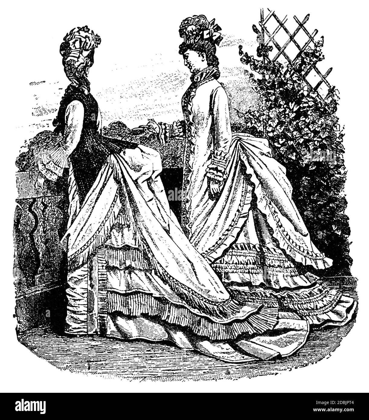 Bustle Kleid von 1870. Illustration des 19. Jahrhunderts. Weißer Hintergrund. Stockfoto