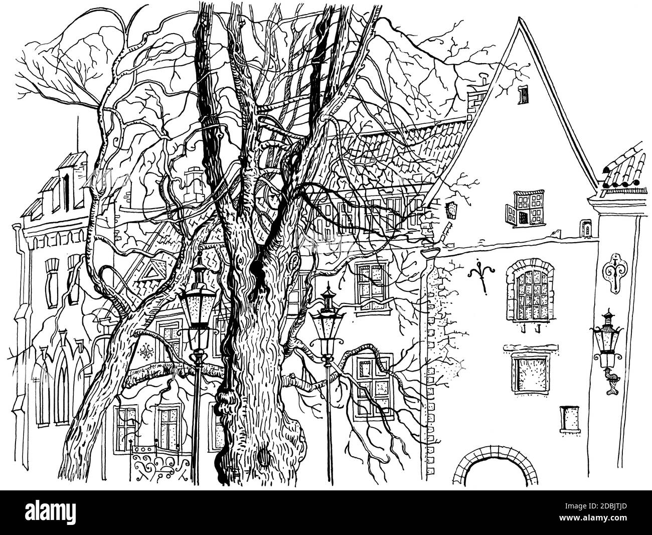 Blick auf die Altstadt von Tallinn. Handgezeichnete Grafik-Stil Tinte Stift Illustration. Historische Architektur, mittelalterliche Häuser, Bäume. Baltische Staaten Stockfoto