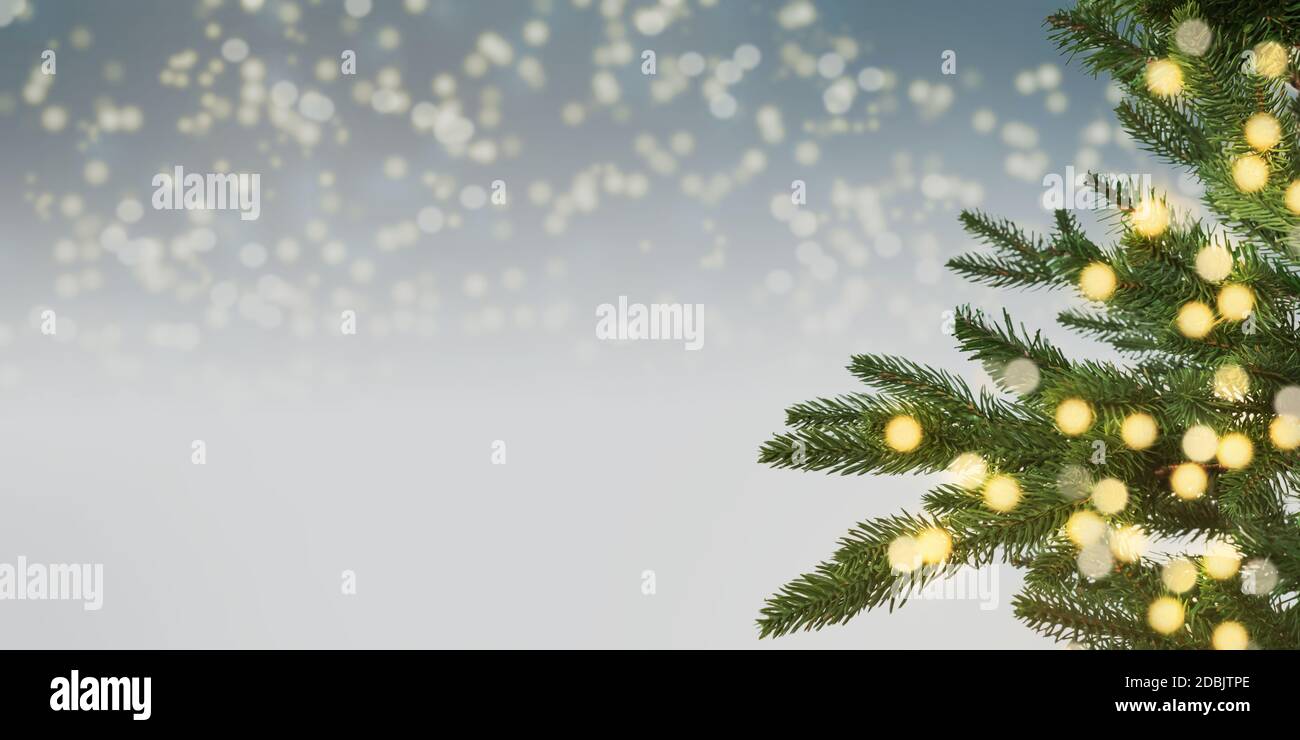 Beleuchtete Weihnachtsbaum Winter Hintergrund. Stockfoto