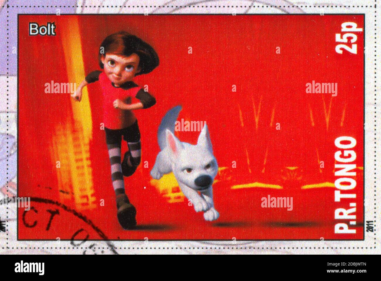 TONGO - UM 2011: Briefmarke gedruckt von Tongo, zeigt Walt Disney Zeichentrickfigur, Bolt, um 2011 Stockfoto