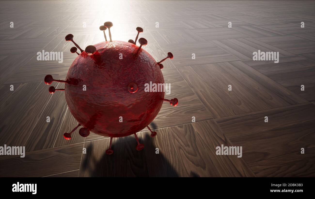 Konzept oder konzeptionelle rote 3d-Illustration von Coronavirus auf Holz Boden Hintergrund als Warnung für den globalen Ausbruch und die Gefahr der Übertragung von Stockfoto