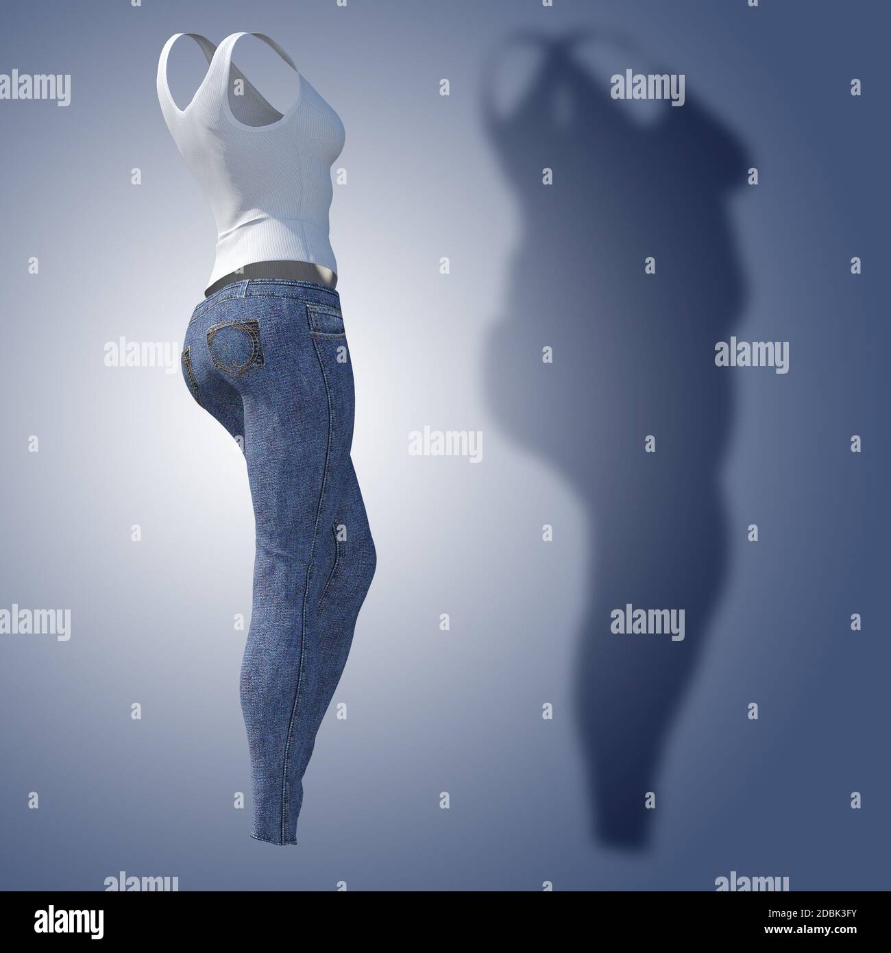 Conceptual Fett übergewichtig fettleibig Schatten weibliche Jeans Unterhemd vs schlank fit gesunden Körper nach Gewichtsverlust oder Diät dünne junge Frau auf blau. Stockfoto