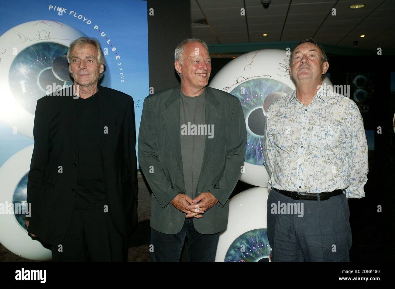 Pink Floyd bei der Vorstellung ihrer Pulse DVD im Warner West End, London 3. Juli 2006: Links Rick Wright, David Gilmour und Nick Mason Stockfoto