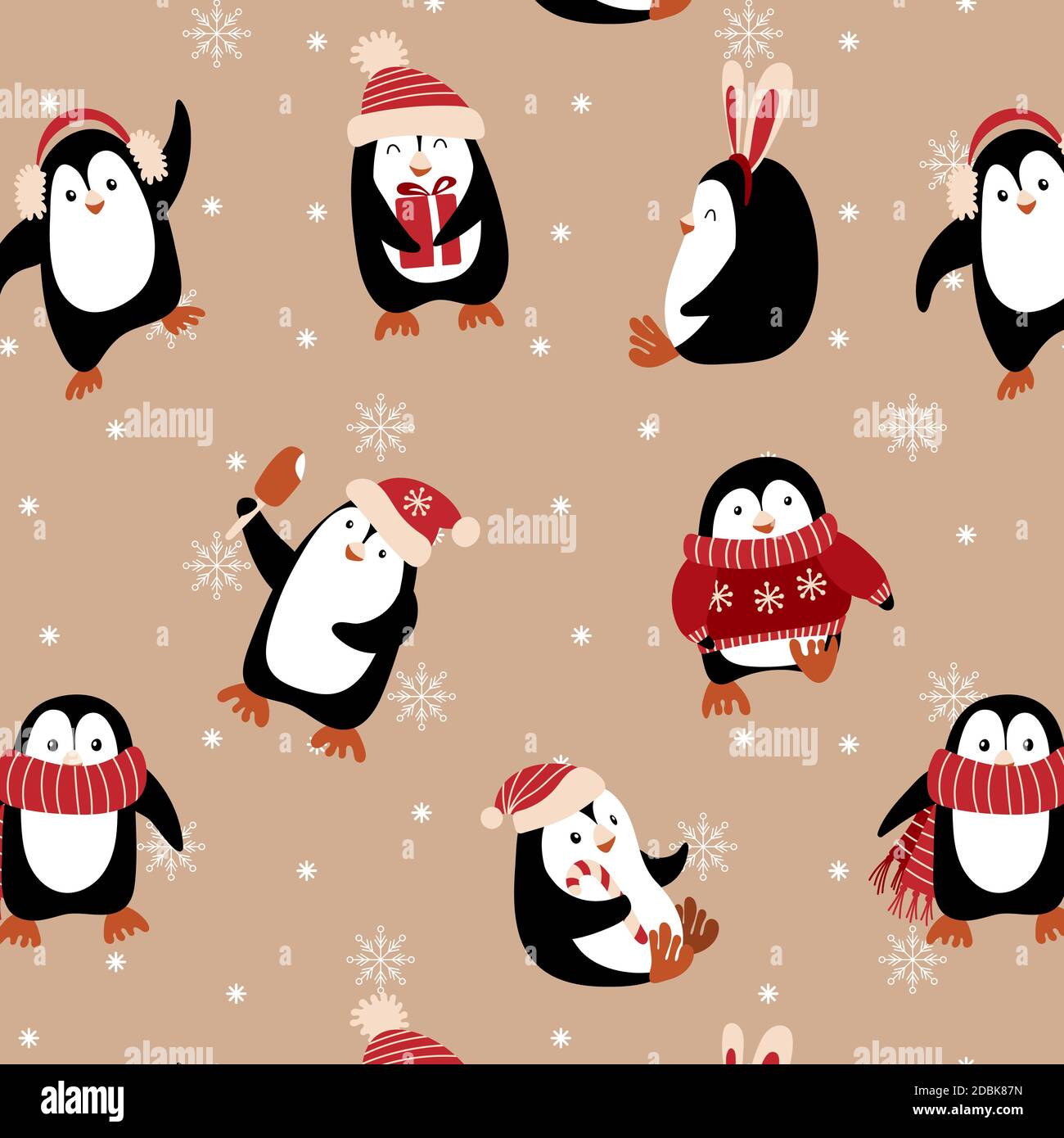 Weihnachtliche Nahtloses Muster mit niedlichen Pengiuns. Weihnachtsdruck. Vektorgrafik. Stock Vektor