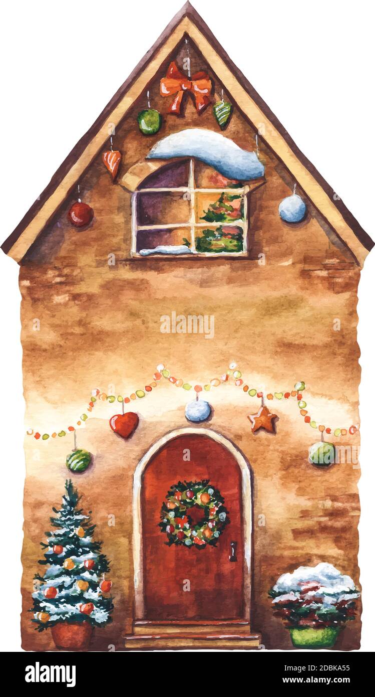 Aquarell-Illustration mit dekorierten Weihnachtshaus. Handgezeichnetes festliches Haus für Postkarten, Poster, Souvenirs und Dekorationen Stock Vektor