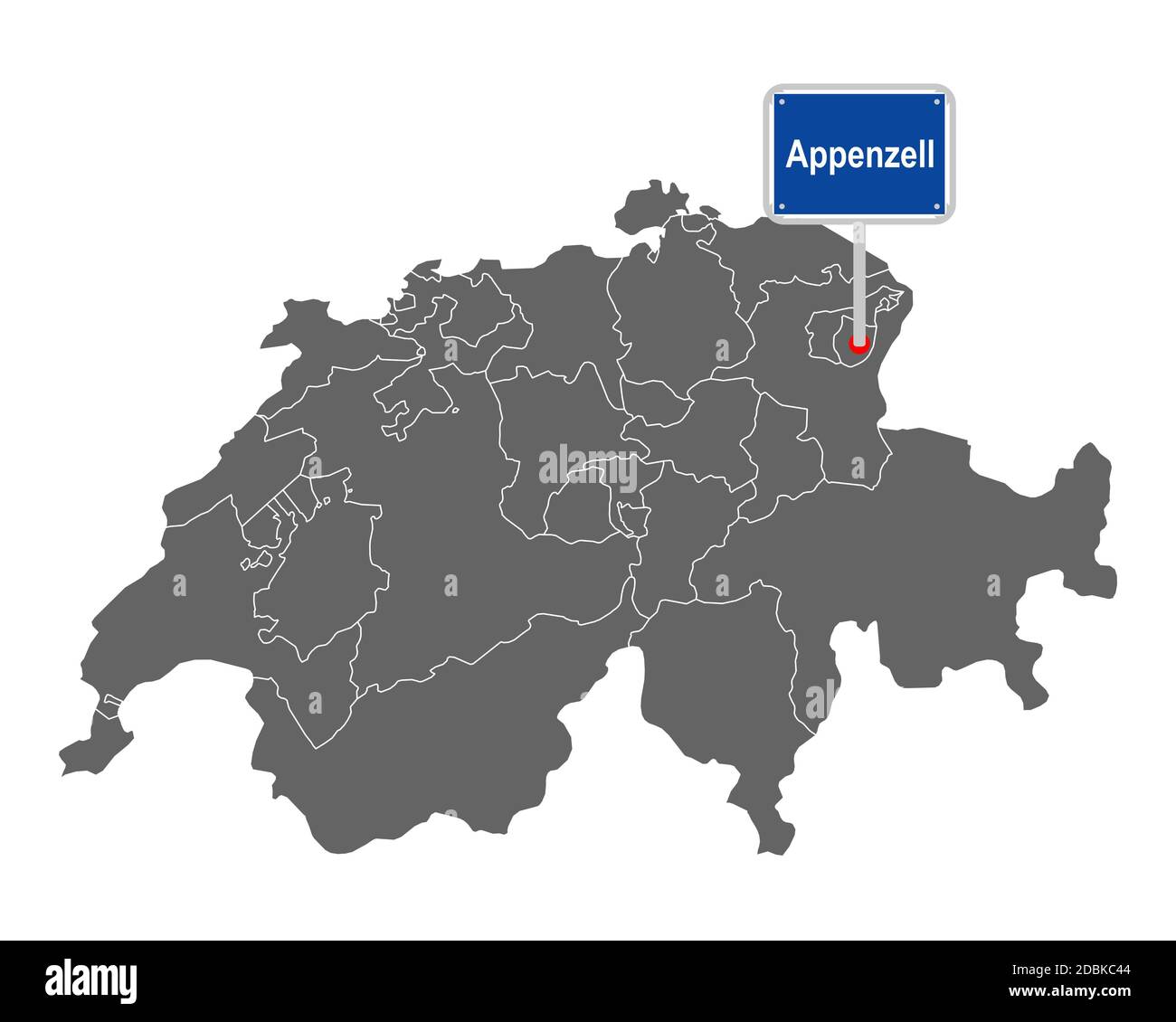 Landkarte der Schweiz mit Ortsschild von Appenzell Stockfoto