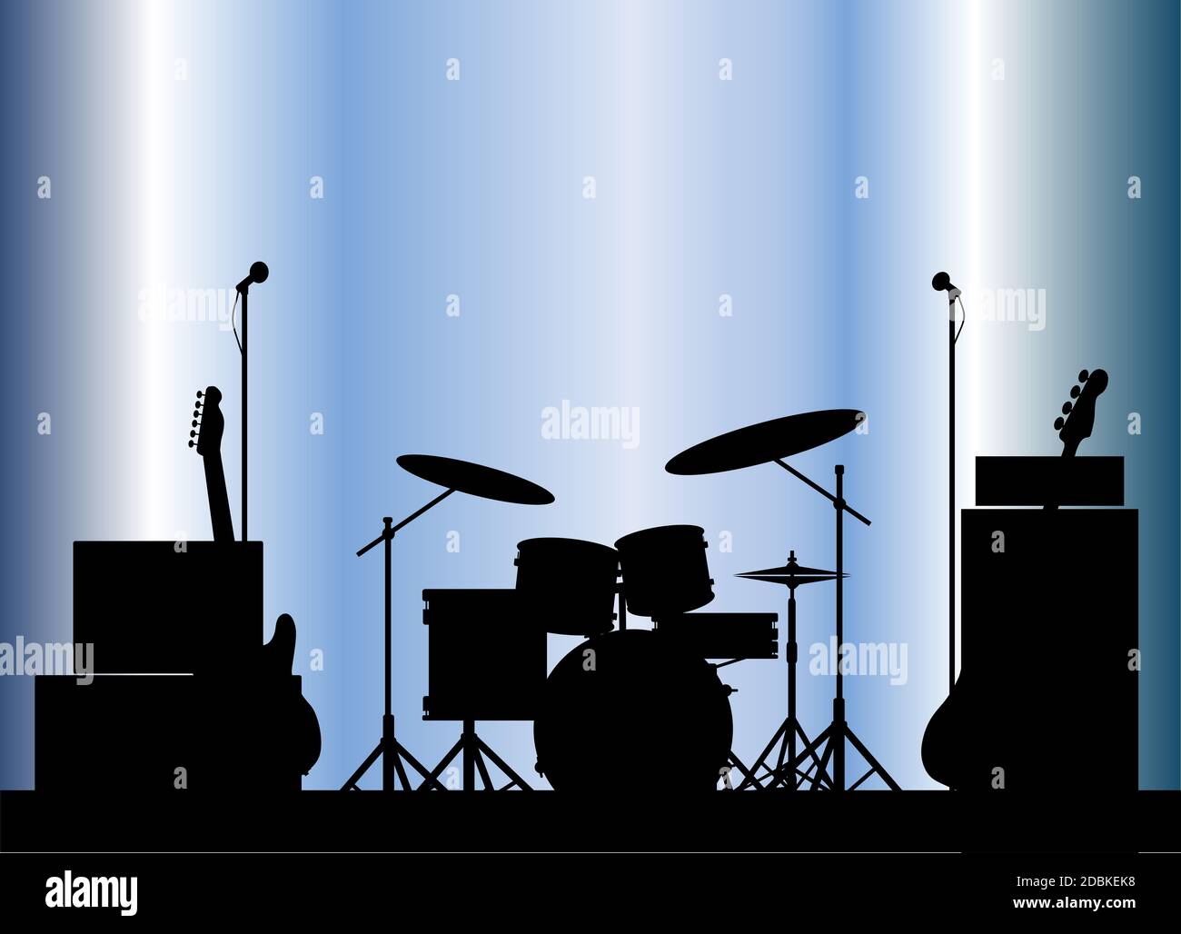 Silhouette einer Rock-Bands-Ausrüstung auf der Bühne Stockfoto