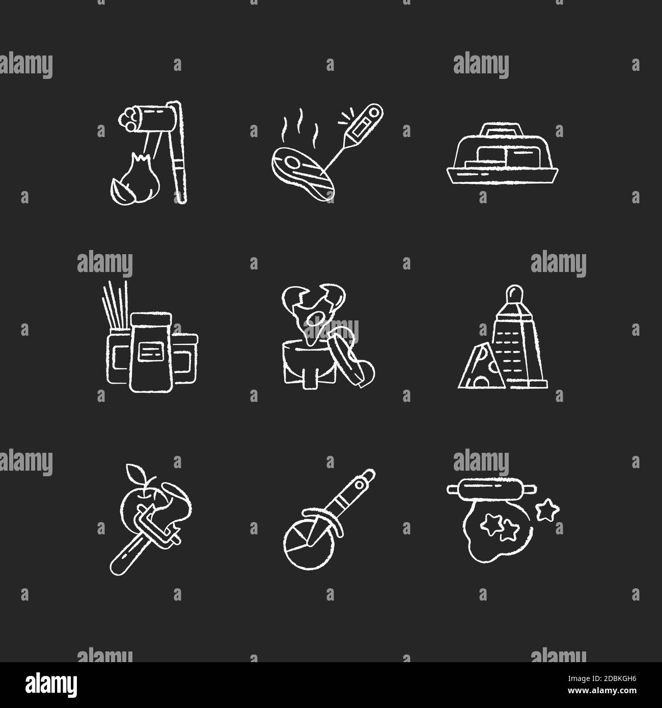 Geschirr für die Zubereitung von Speisen Kreide weiße Symbole auf schwarzem Hintergrund gesetzt Stock Vektor