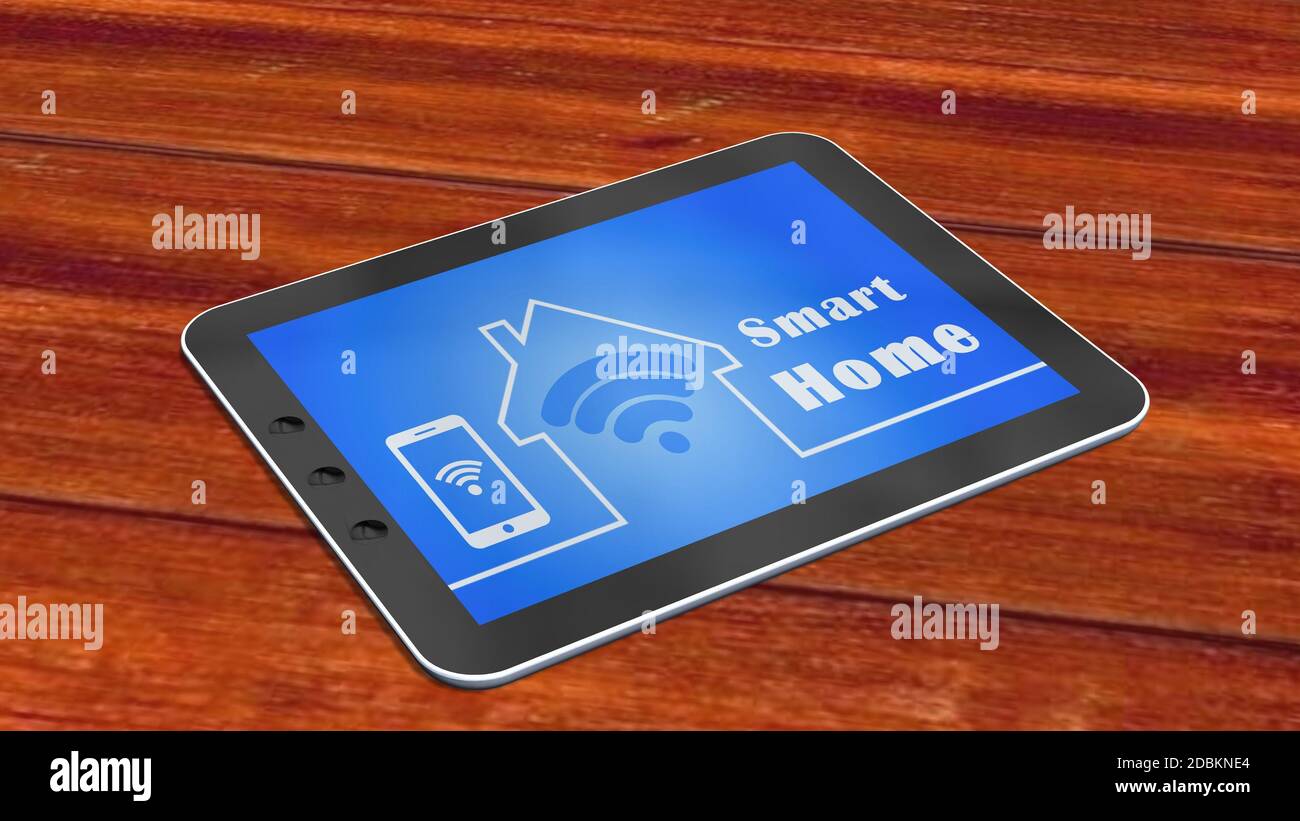 Smart Home Konzept auf Holztisch Stockfoto