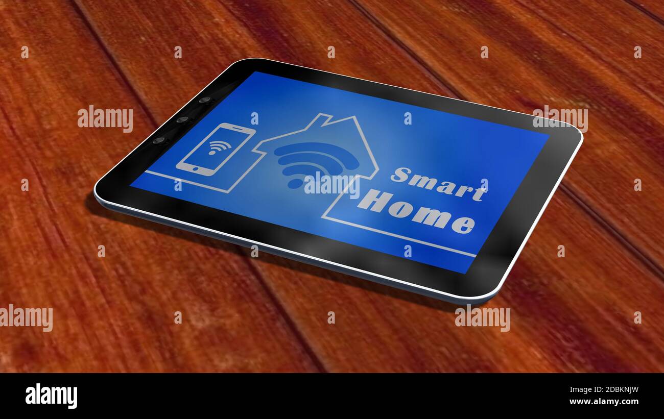Smart Home Konzept auf Holztisch Stockfoto