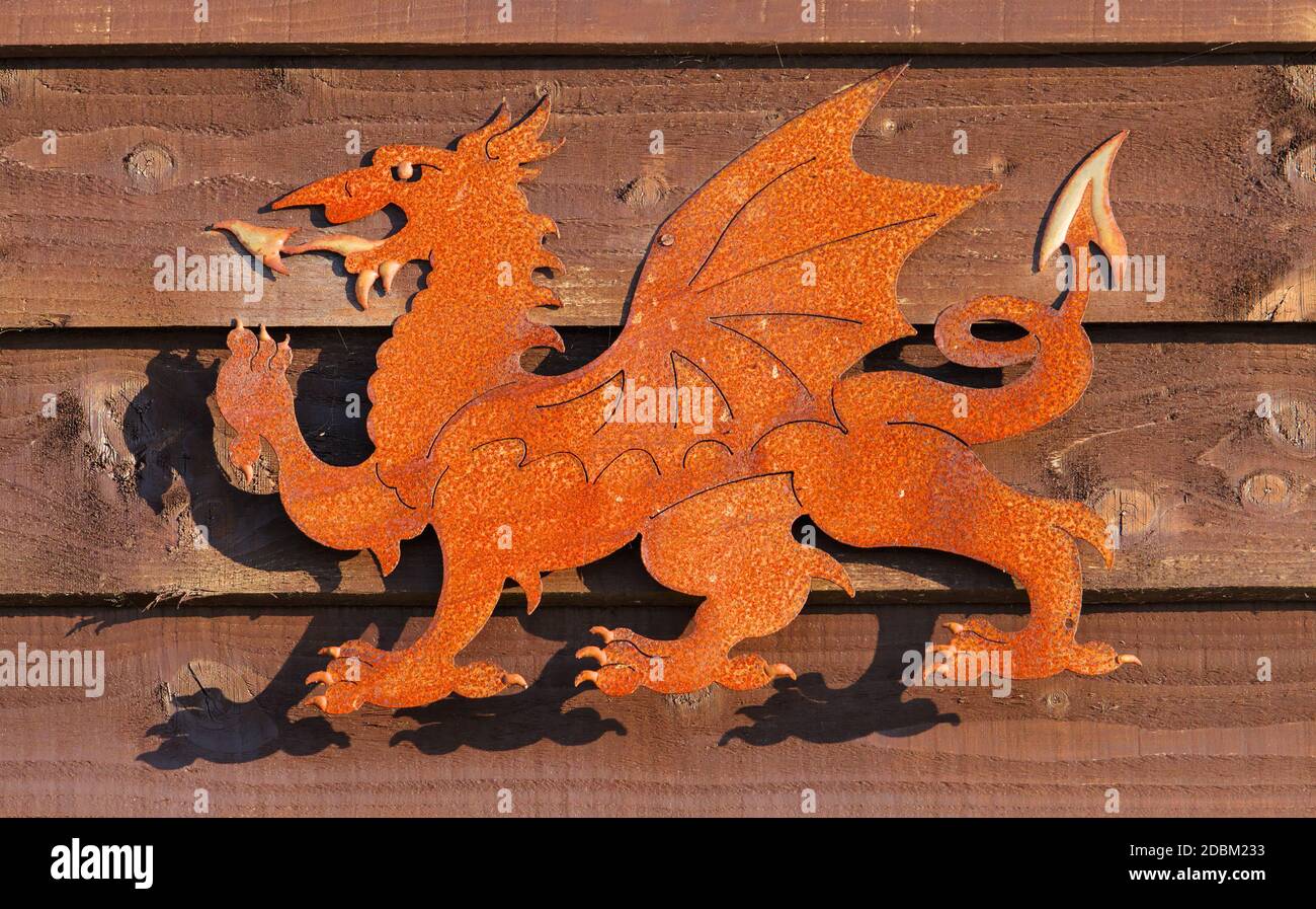 Rostige Metallskulptur auf EINEM Holzzaun des Passant Welsh Red Dragon, Y Ddraig Goch, das Symbol auf der Nationalflagge von Wales Stockfoto