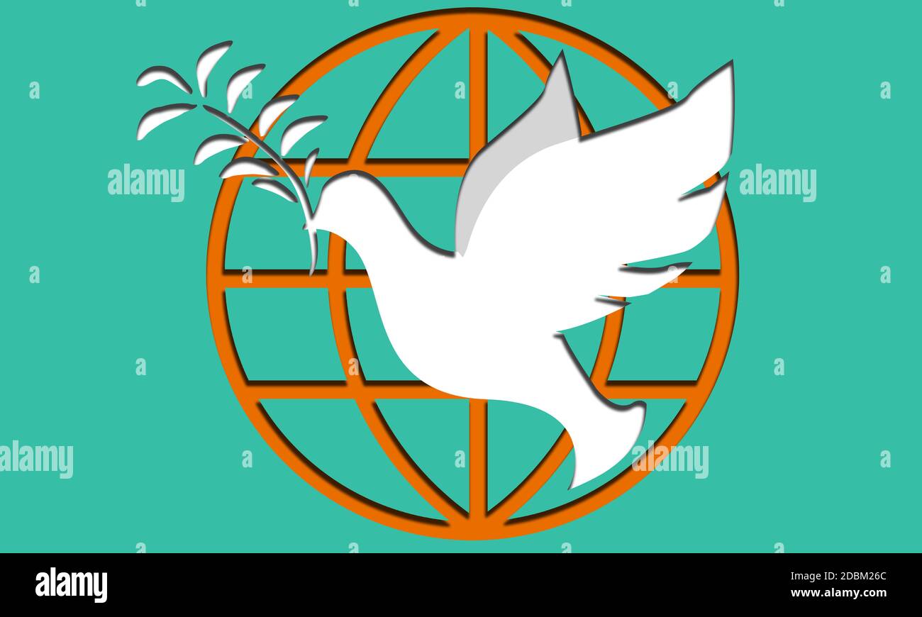Weiße Taube und Globus Symbol Zeichen auf blauem Hintergrund, 3D-Rendering Stockfoto