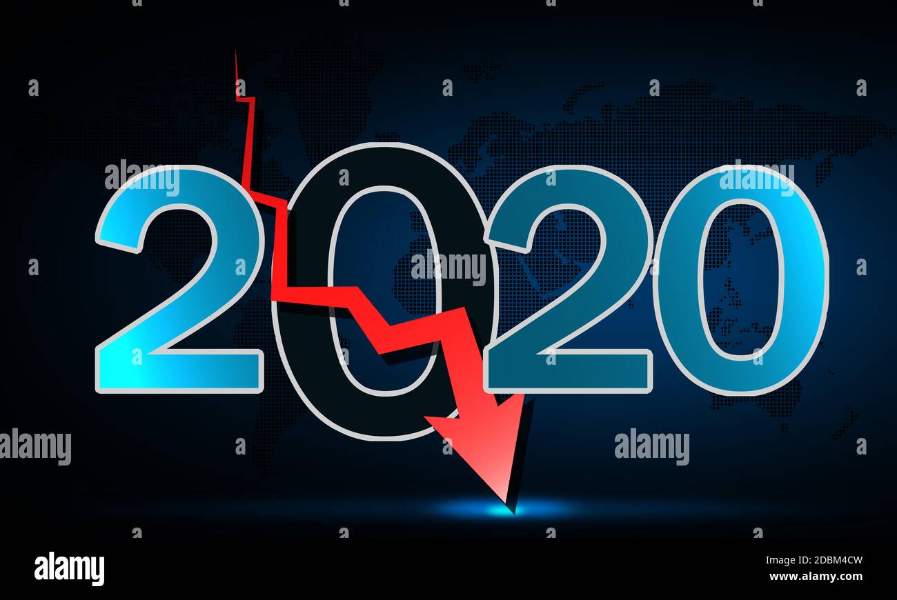 Fallender roter Pfeil und 2020 Text mit Weltkarte, 3d-Rendering Stockfoto