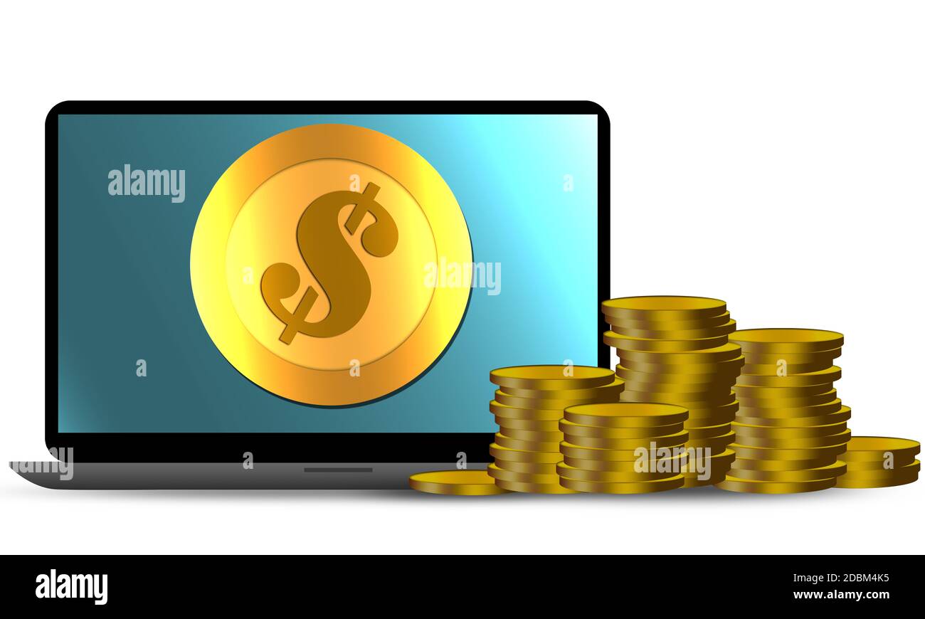 Laptop mit Dollar-Münze, Konzept des Verdienens Geld online, 3d-Rendering Stockfoto