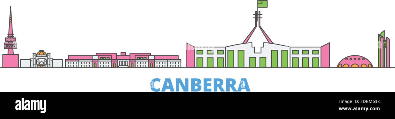 Australien, Canberra Linie Stadtbild, flache Vektor. Travel City Wahrzeichen, oultine Illustration, Linie Welt Symbole Stock Vektor