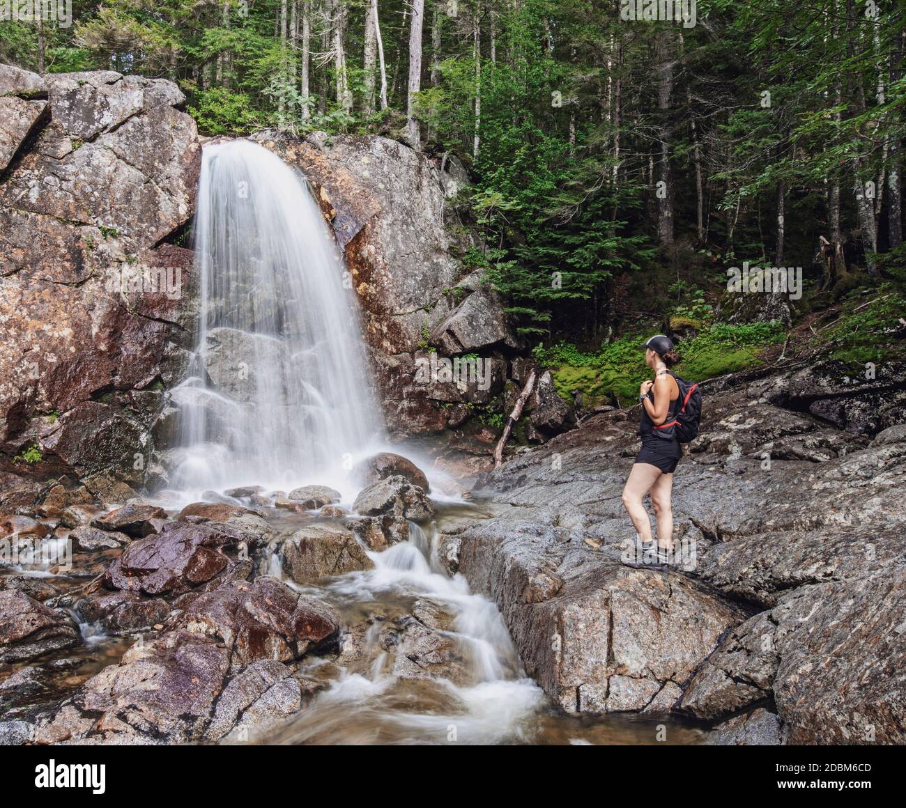 Wanderer bewundern den plätschernden Wasserfall, New Hampshire, USA Stockfoto