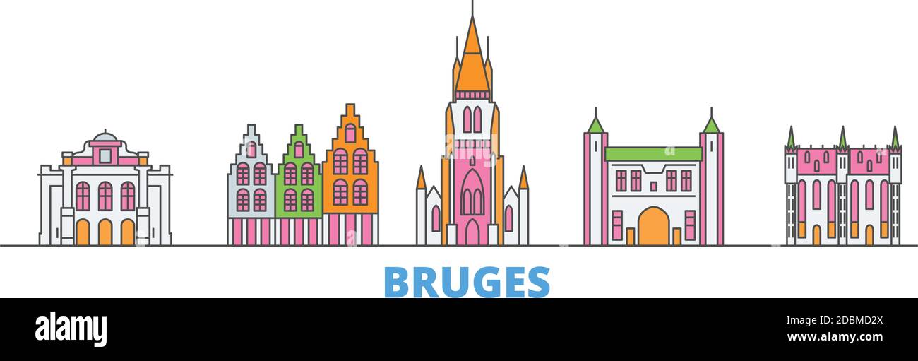 Belgien, Brügge Linie Stadtbild, flache Vektor. Travel City Wahrzeichen, oultine Illustration, Linie Welt Symbole Stock Vektor