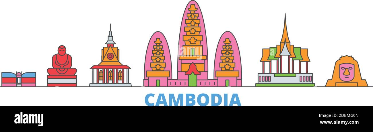Kambodscha Linie Stadtbild, flache Vektor. Travel City Wahrzeichen, oultine Illustration, Linie Welt Symbole Stock Vektor