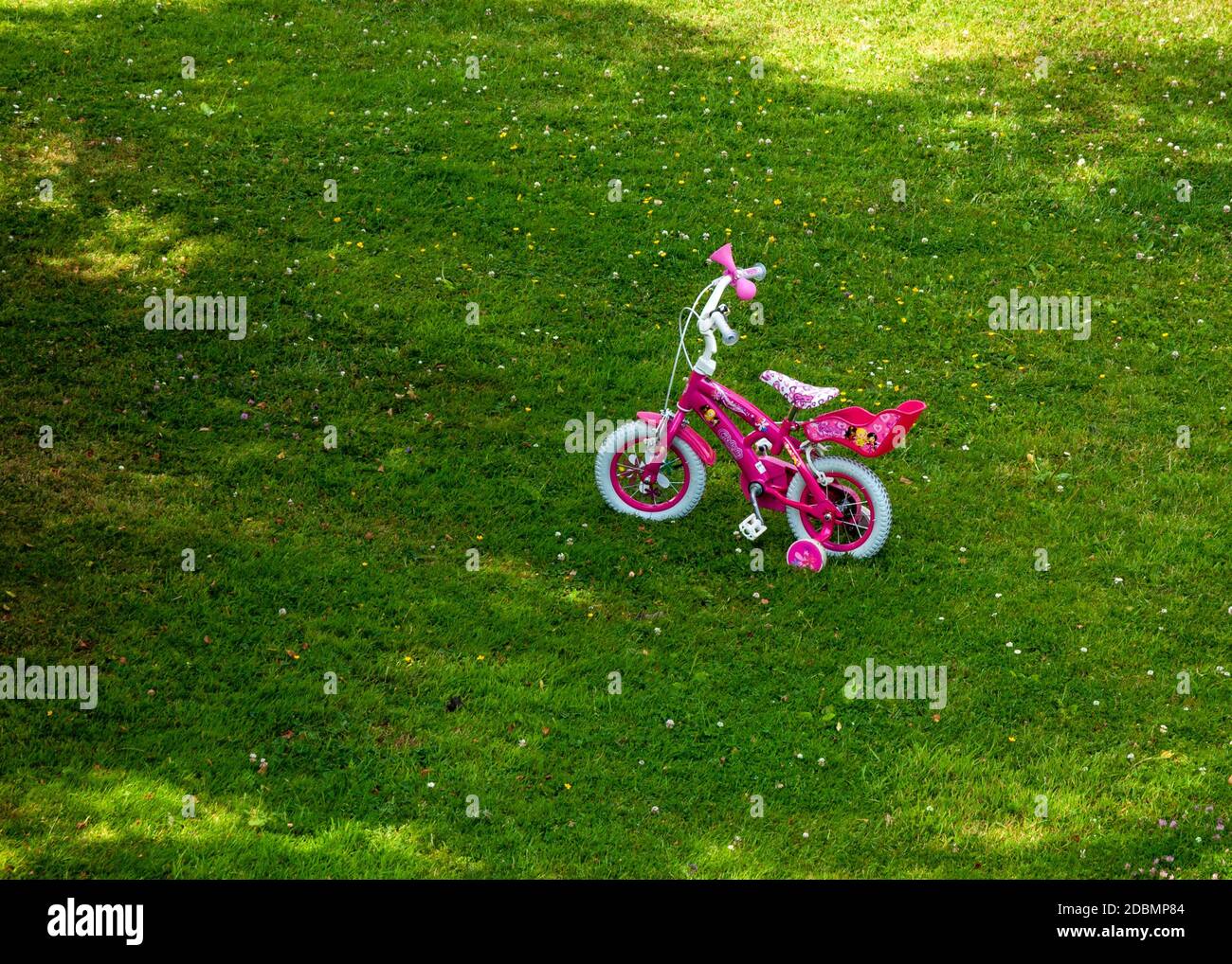 12 Zoll rosa Mädchen Pedal Bike mit Training Räder in Offener Schatten auf grünen Wiese Hinterhof Stockfoto