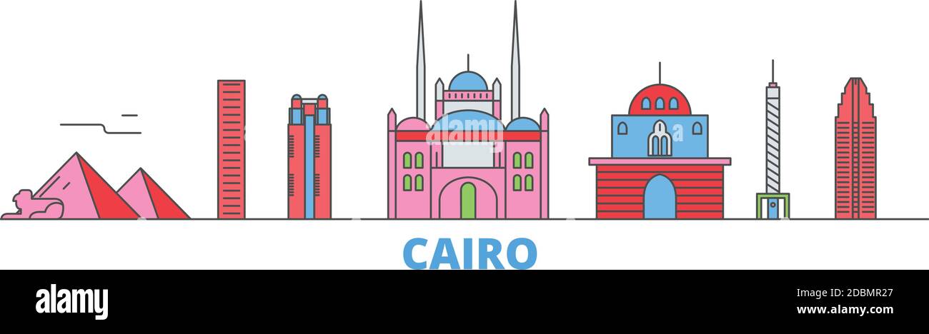 Ägypten, Kairo Linie Stadtbild, flache Vektor. Travel City Wahrzeichen, oultine Illustration, Linie Welt Symbole Stock Vektor