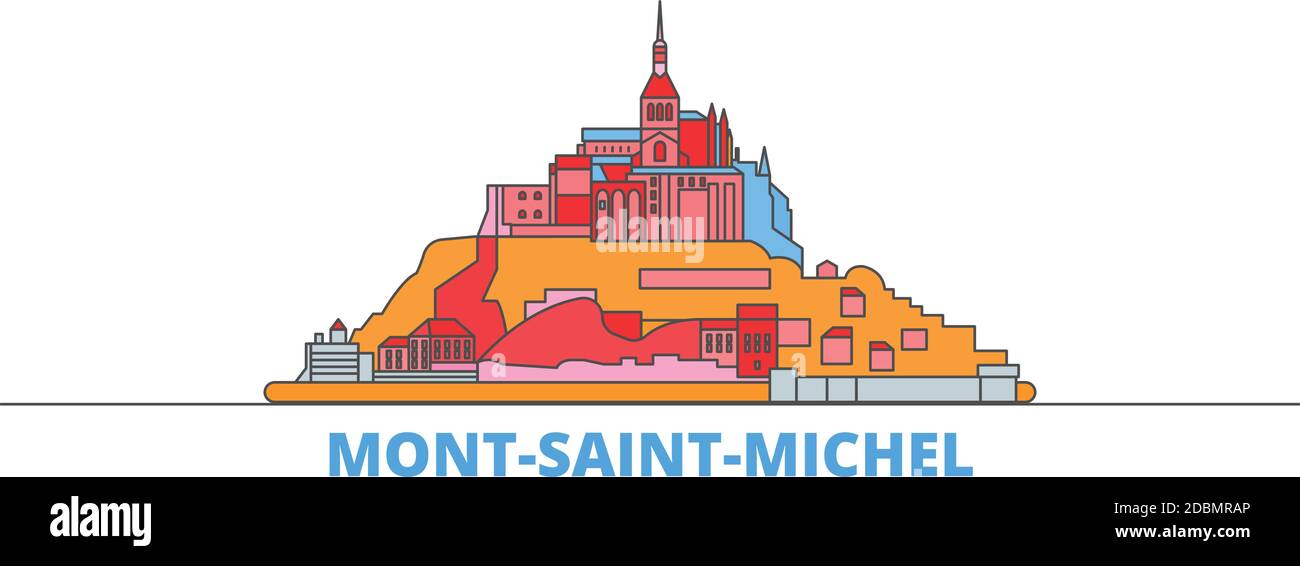 Frankreich, Mont Saint Michel und seine Bay Line Stadtbild, flache Vektor. Travel City Wahrzeichen, oultine Illustration, Linie Welt Symbole Stock Vektor