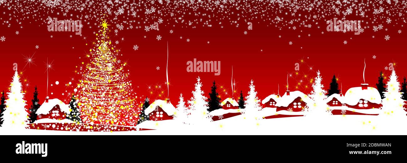 Weihnachtsbaum und Häuser auf rotem Winterhintergrund. Schneeflocken, Schnee, Wald. Winter verschneite Nacht. Stock Vektor