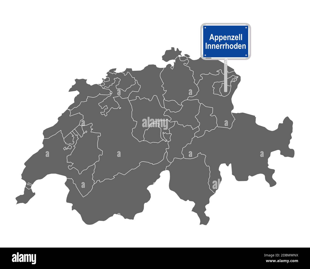 Landkarte der Schweiz mit Ortsschild von Appenzell Innerrhoden Stockfoto