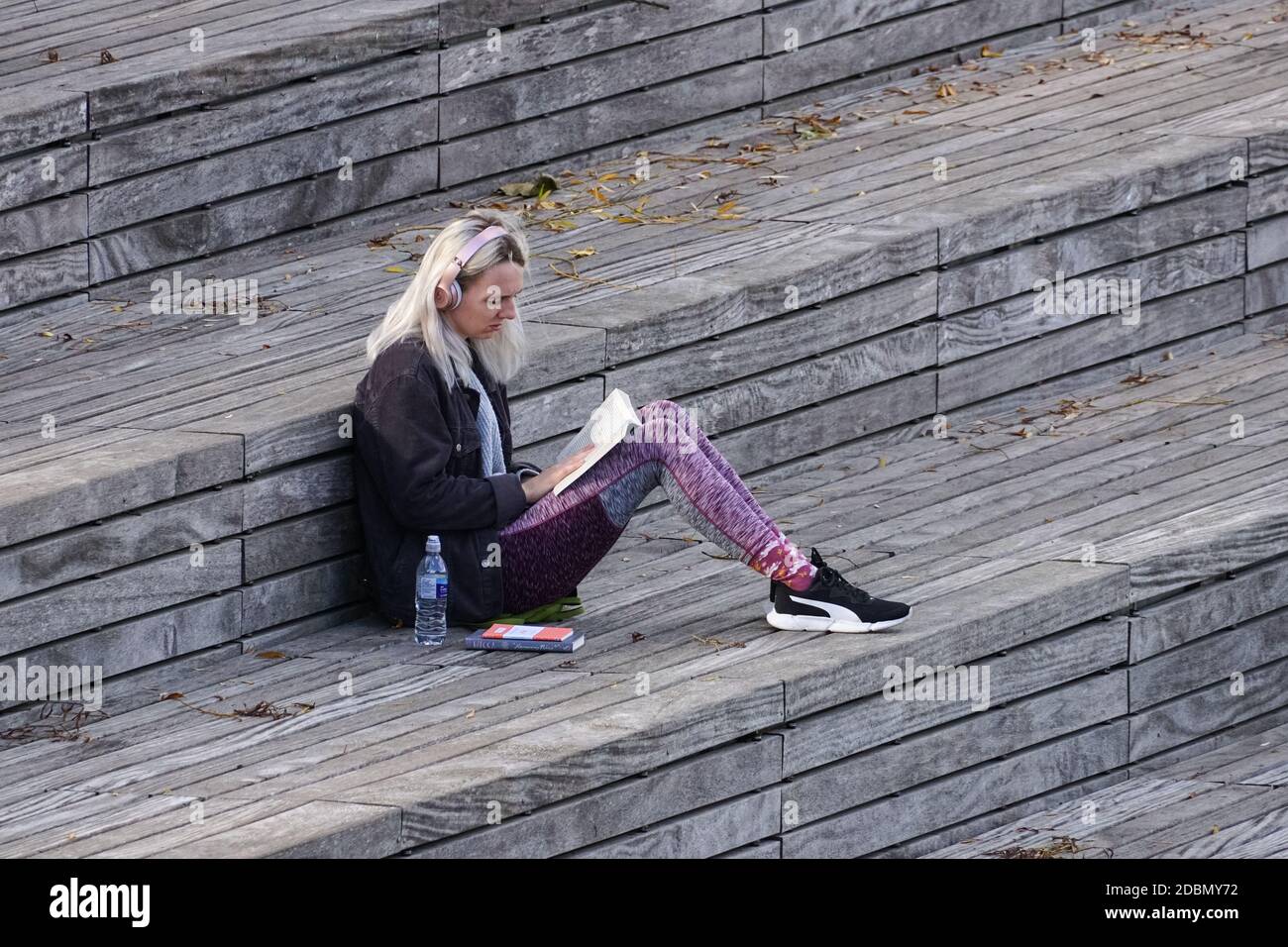 Junge Frau, die in einem Park sitzt und Buch liest Herbst Stockfoto