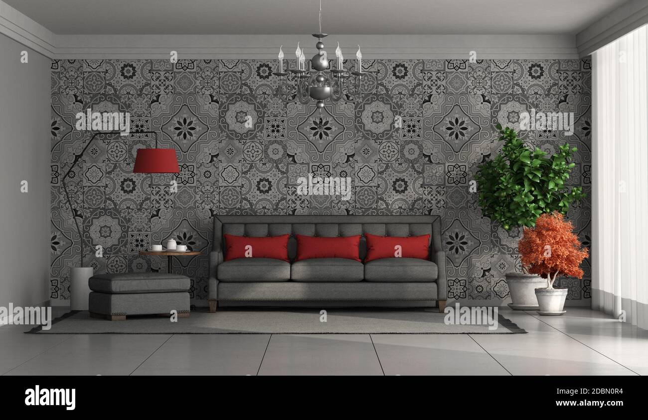 Schwarzes Sofa im Wohnzimmer gegen Wand mit Retro-Fliesen - 3d-Rendering Stockfoto