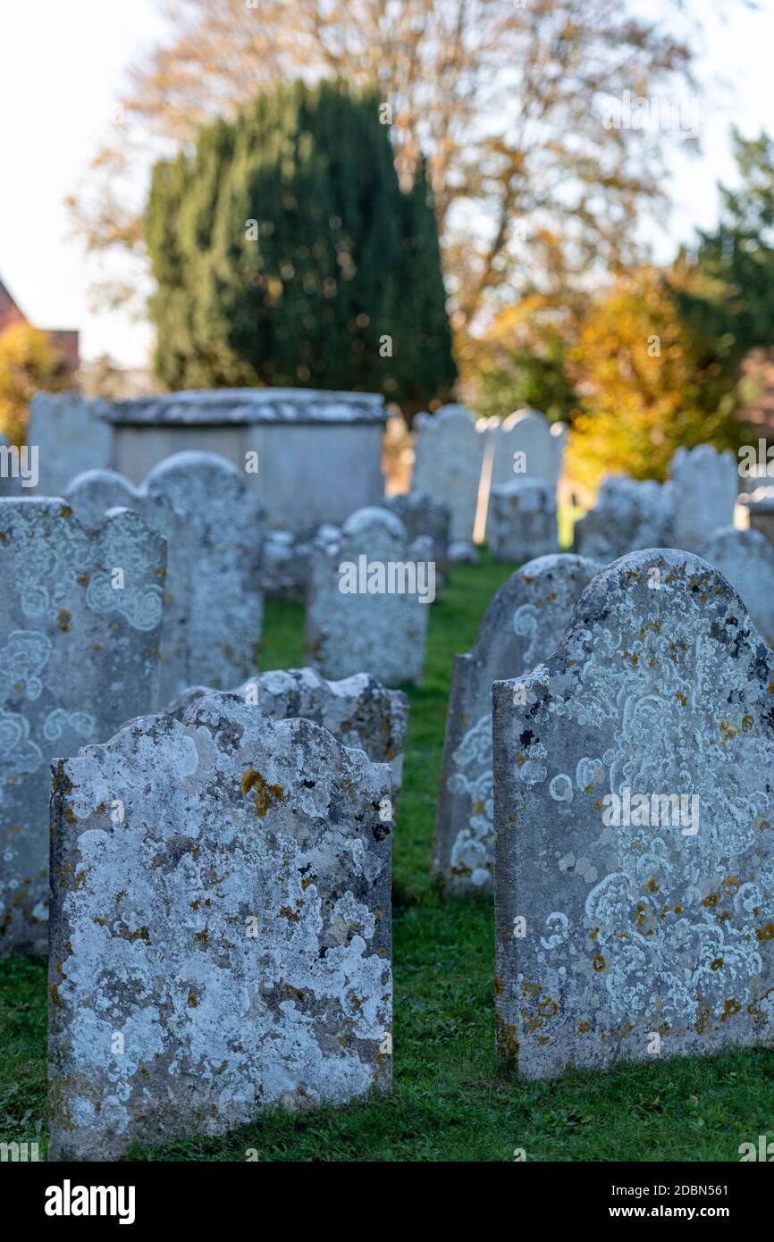 Grabsteine und Grabsteine auf einem Friedhof mit historischen Epitaphen, die von monumentalen Maurern in den Stein eingeschrieben wurden. Stockfoto