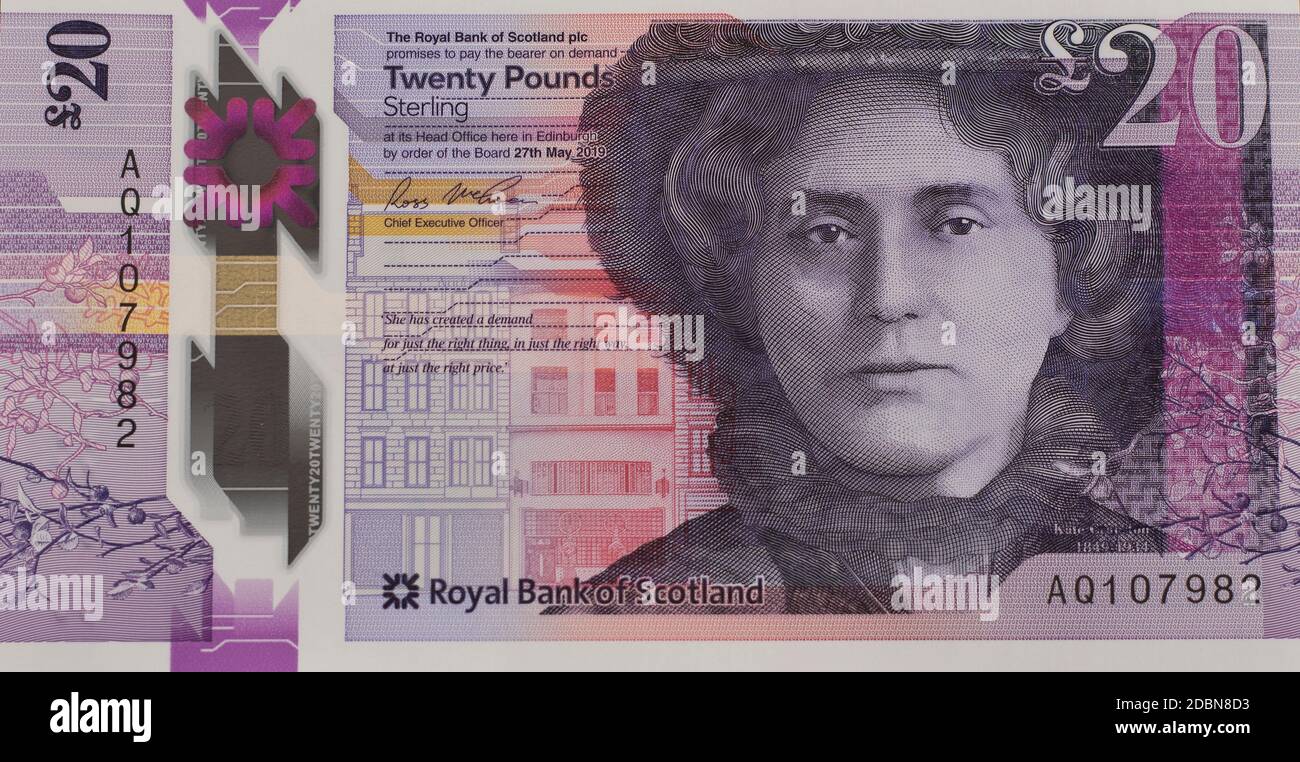 dh Scottish 20 Pfund Banknote MONEY SCHOTTLAND Neue Polymer-Noten £20 Twenty Royal Bank of Scotland Plastikpapier Vorderseite Beachten Sie Währung Pfund Banknoten Stockfoto
