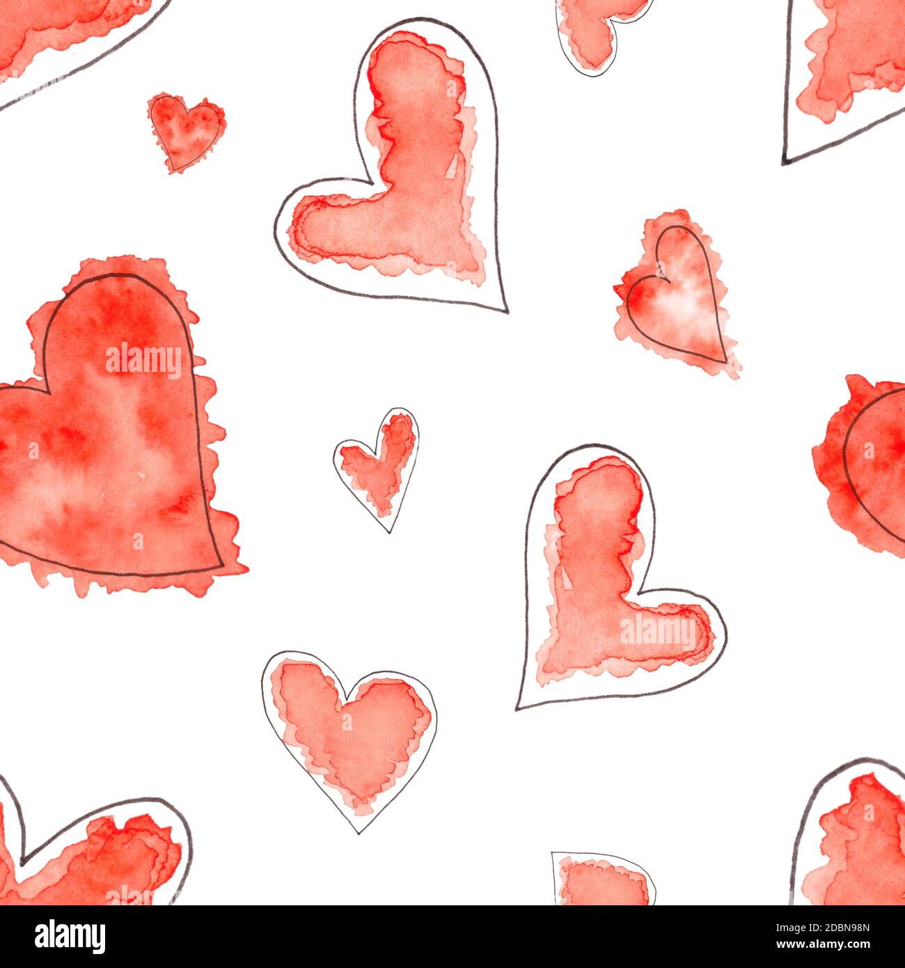 Nahtloses Muster der abstrakten Aquarell Herzen gesetzt. Handgezeichnete Skizze von roten Herzen Stockfoto