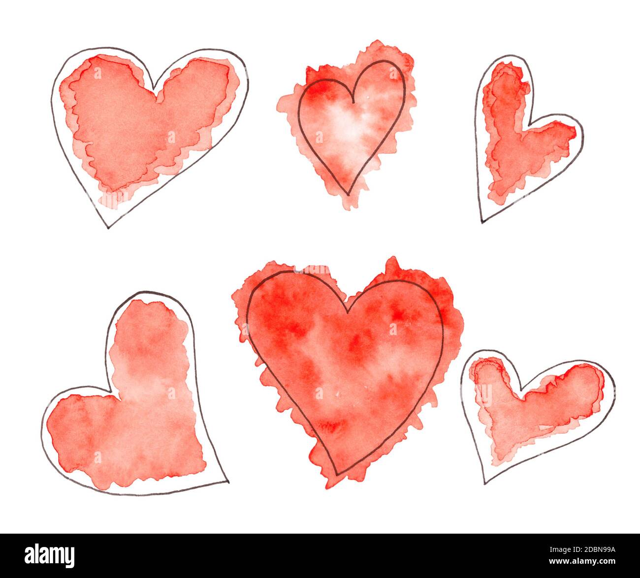 Abstraktes Aquarell Herzen Set. Handgezeichnete Skizze von roten Herzen Stockfoto