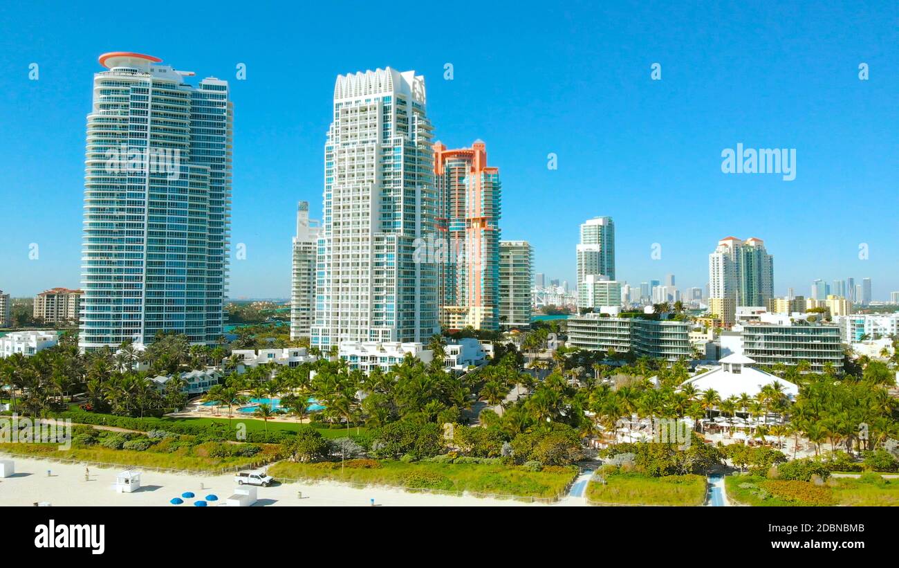 South Beach, Miami Beach, South Pointe Park, Government Canal. Florida. Miami Beach Felssteg Regierung Schnitt Luftbild. Luftlinie Strandresorts Stockfoto