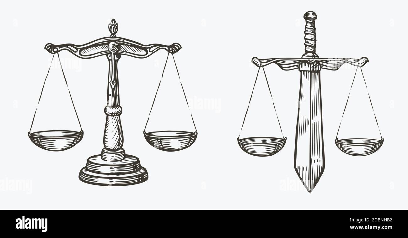 Skalen der Gerechtigkeit Skizze. Gerichtsbarkeit, Billigkeit Symbol Vektor Illustration Stock Vektor