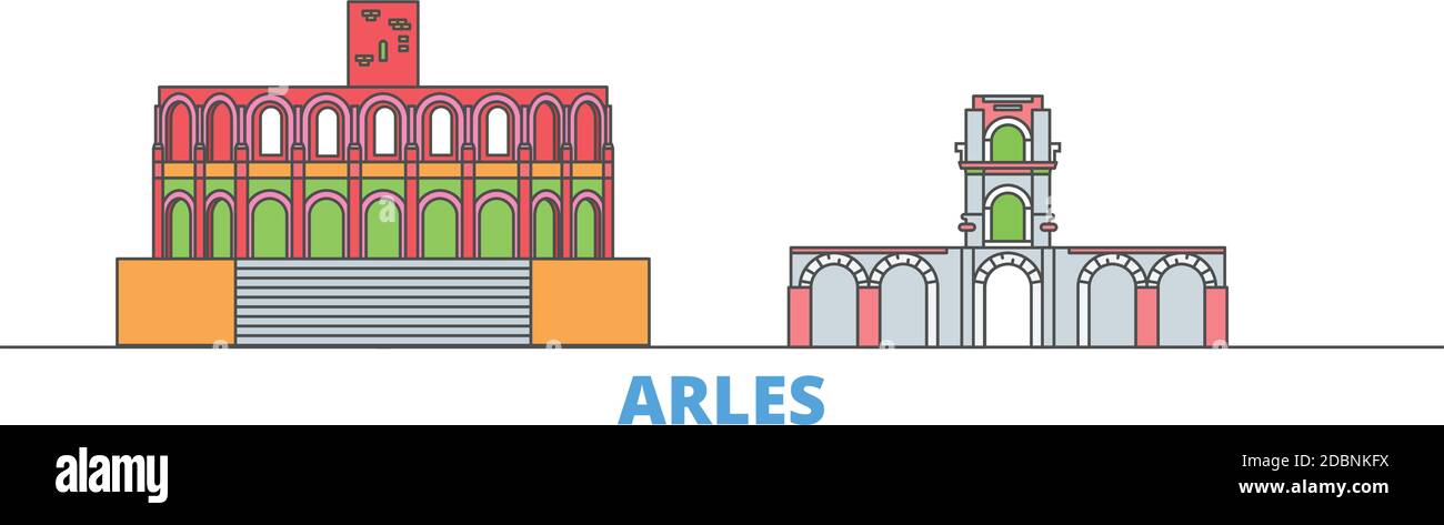 Frankreich, Arles Linie Stadtbild, flache Vektor. Travel City Wahrzeichen, oultine Illustration, Linie Welt Symbole Stock Vektor