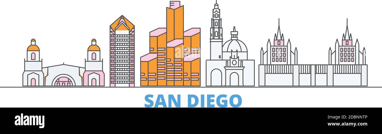 Vereinigte Staaten, San Diego Linie Stadtbild, flache Vektor. Travel City Wahrzeichen, oultine Illustration, Linie Welt Symbole Stock Vektor