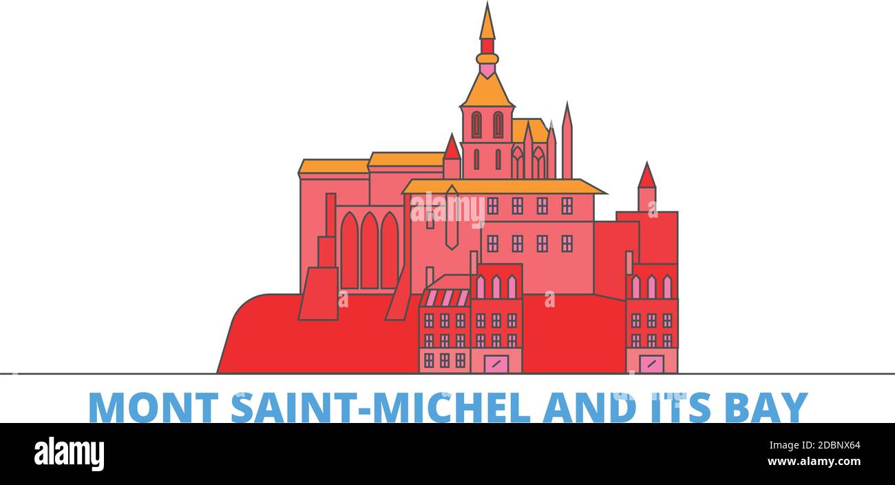 Frankreich, Mont Saint Michel und seine Bay Landmark Linie Stadtbild, flache Vektor. Travel City Wahrzeichen, oultine Illustration, Linie Welt Symbole Stock Vektor