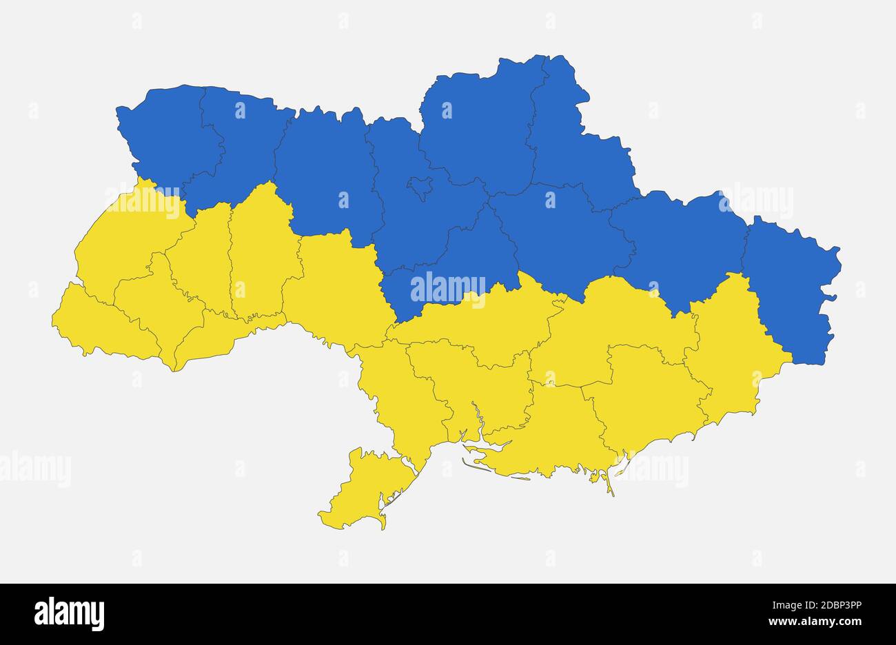 Karte der Ukraine in den Farben der Flagge Mit Verwaltungsbereichen leer Stockfoto