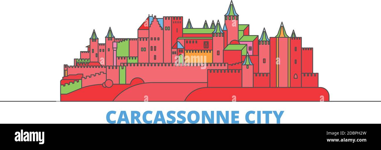 Frankreich, Carcassonne Stadtlinie Stadtbild, flacher Vektor. Travel City Wahrzeichen, oultine Illustration, Linie Welt Symbole Stock Vektor
