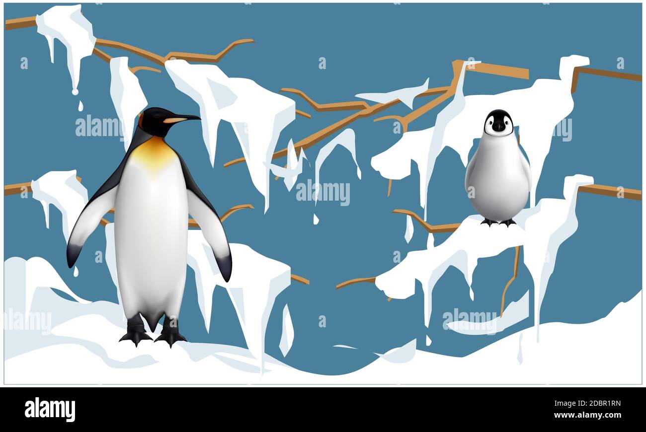 Pinguine sind auf Baumstämmen im Schnee und genießen Stockfoto