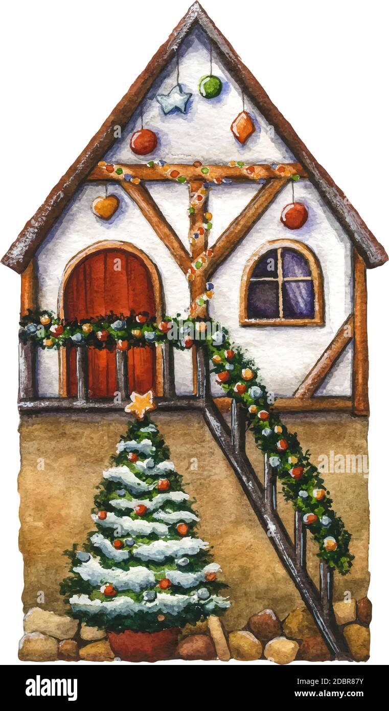 'Handgezeichnete Illustration von dekorierten zweistöckigen Weihnachtshaus. Aquarell-Festhaus mit Weihnachtsbaum für Postkarten, Poster, Souvenirs. Stock Vektor