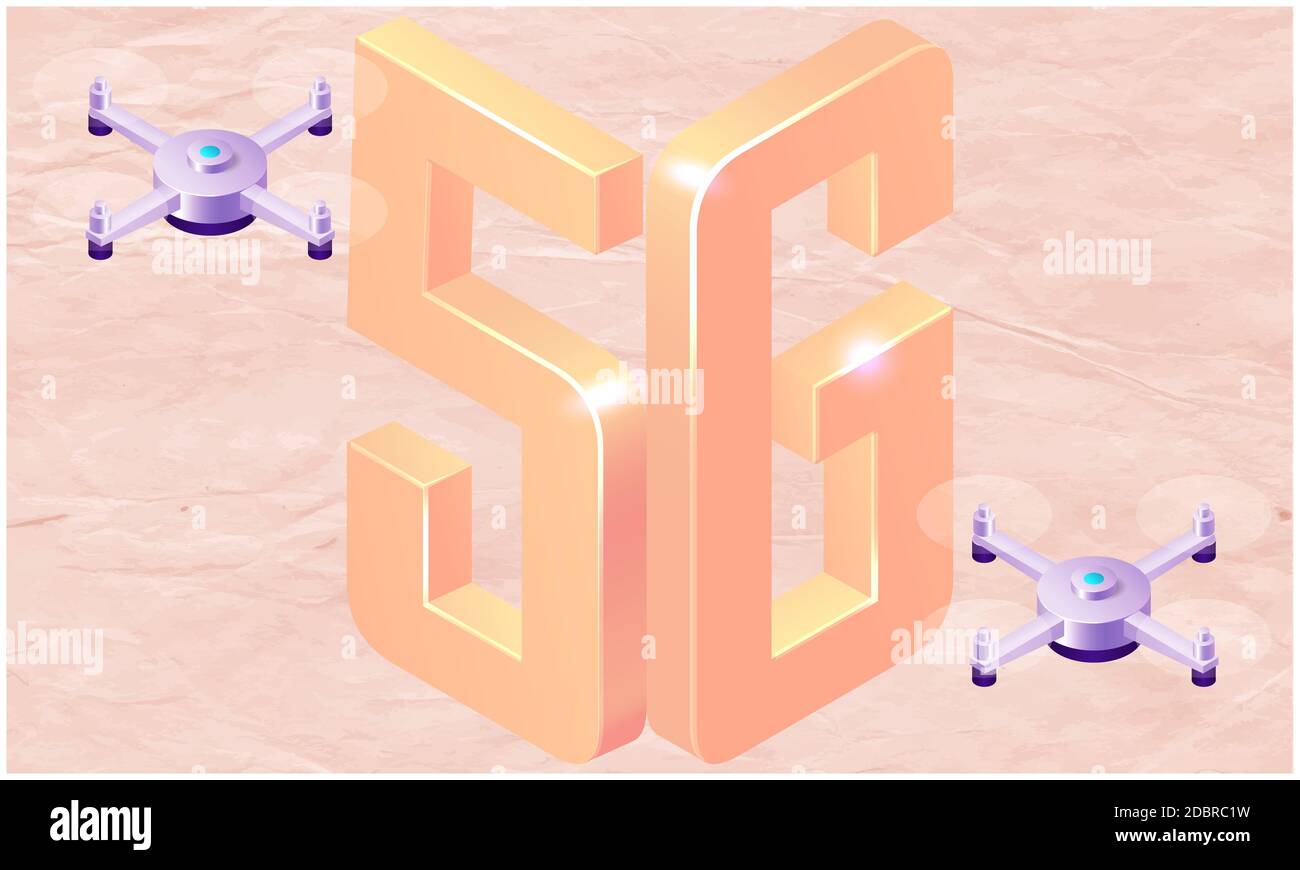 Neue Technologie mit fliegender Drohne auf abstraktem Hintergrund Stockfoto