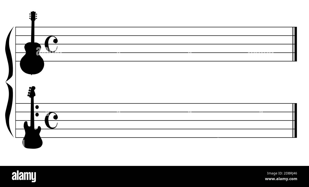 Musikalischen Notensysteme mit einer Gitarre und Bass als die Höhen und Bässe Motive Stockfoto