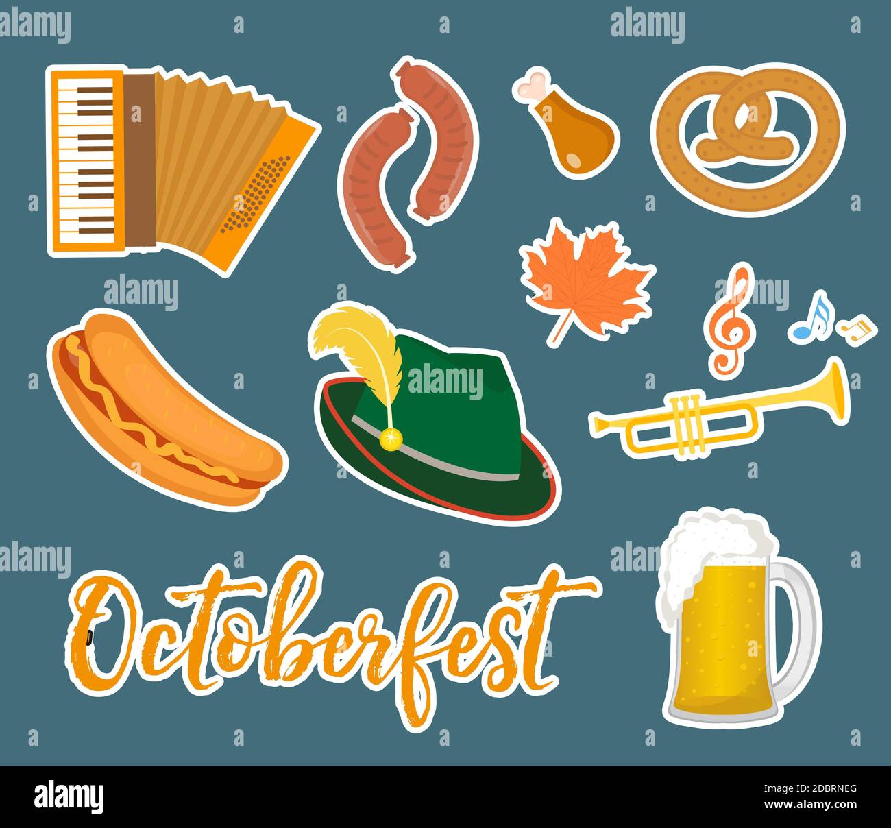 Oktoberfest Aufkleber, flach oder Cartoon-Stil. Festival in deutschland Sammlung traditioneller Symbole, Designelemente mit Bier, Essen, Mütze. Isoliert auf w Stockfoto