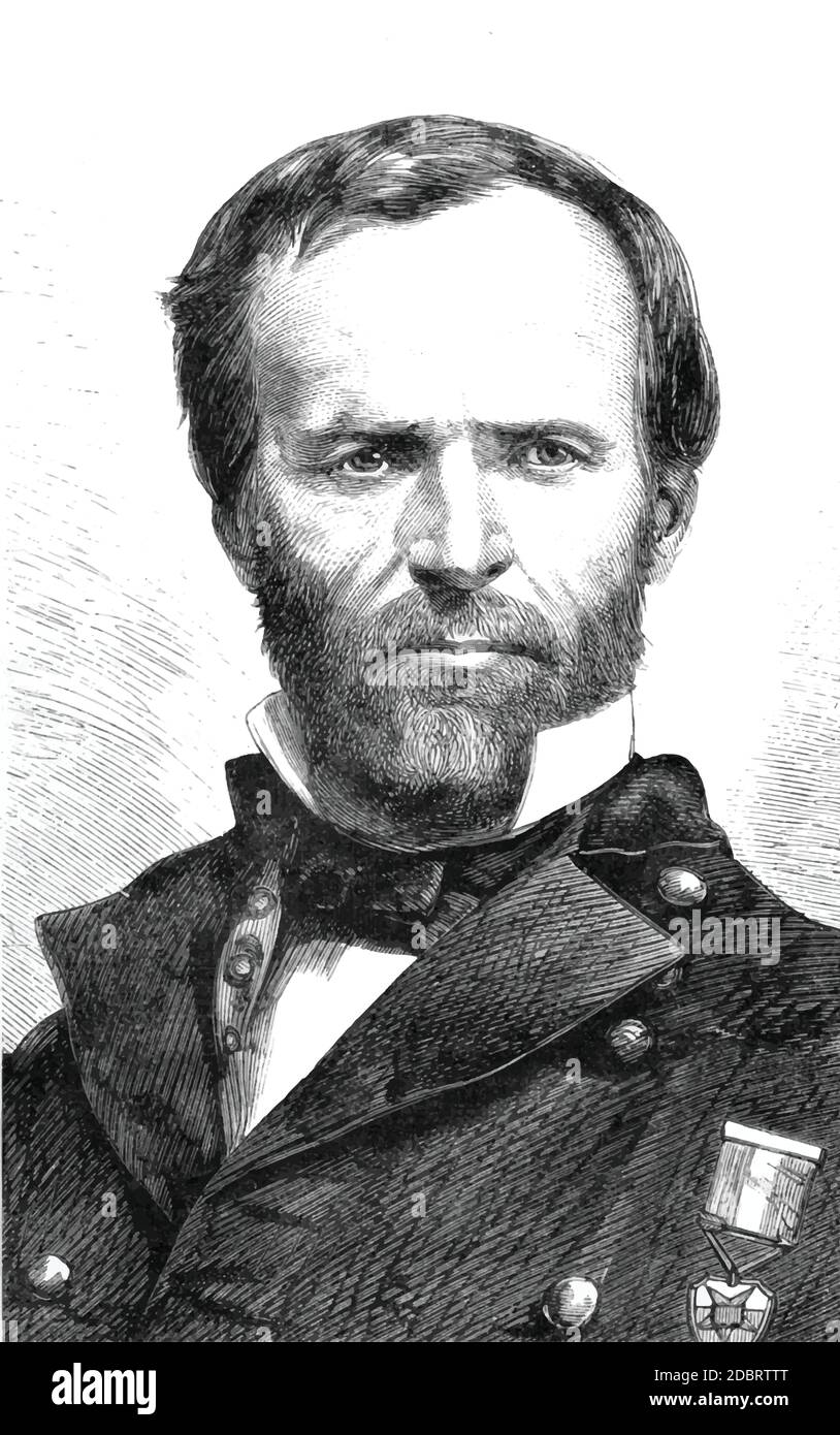 Gravur aus einem Bürgerkriegsfoto von Union General William T. Sherman während des Bürgerkrieges. Nach Dem Bürgerkrieg. Stock Vektor