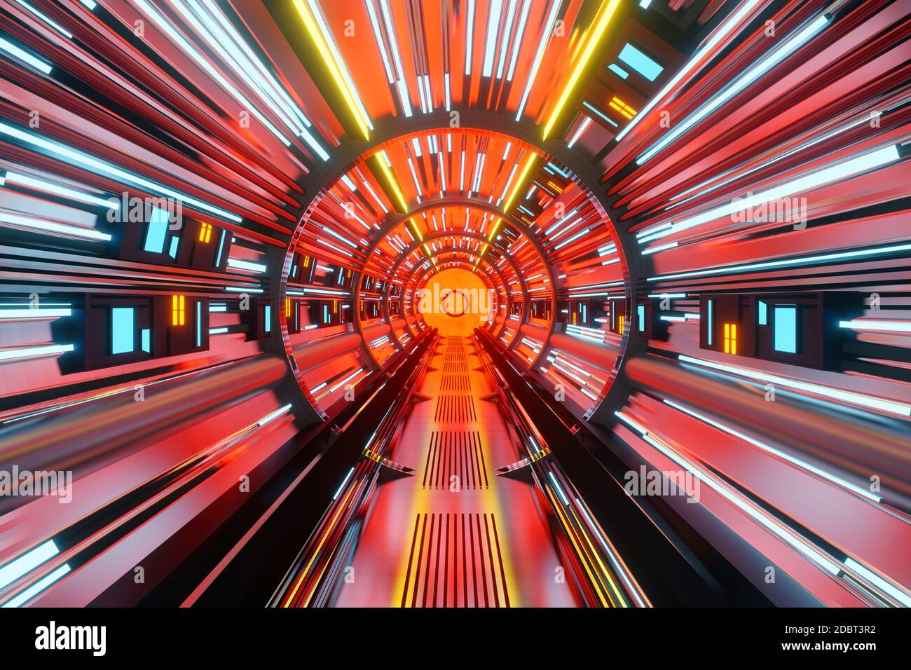 3d Illustration einer Explosion in einem Science-Fiction Raumschiff oder Raumstation Tunnel Innenraum. Stockfoto