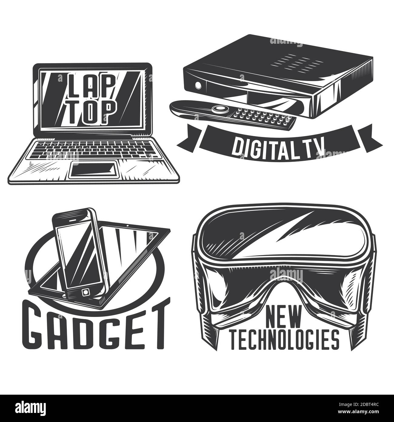 Set von Gadgets Embleme, Etiketten, Abzeichen, Logos. Isoliert auf Weiß Stock Vektor