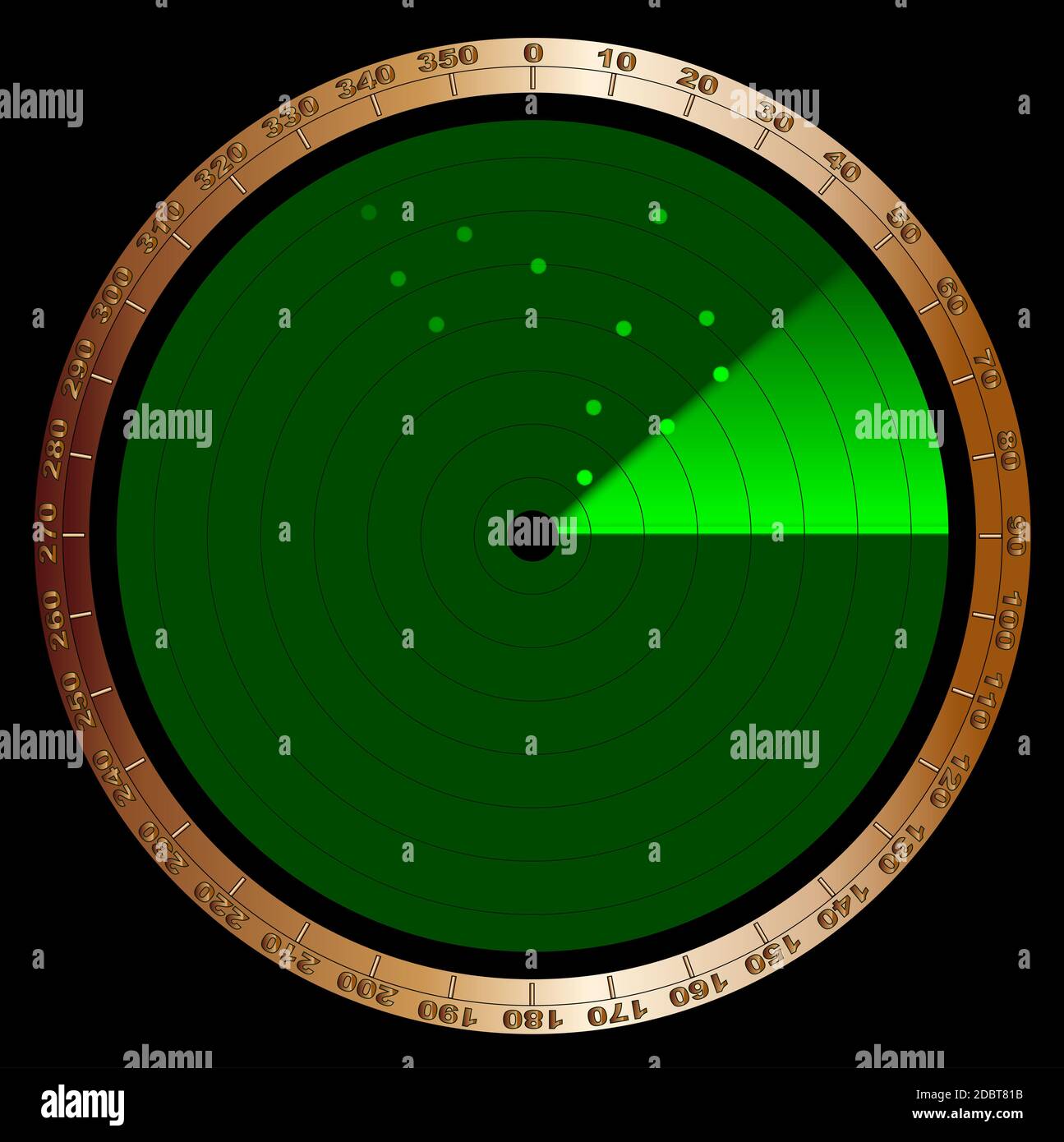 Der Bildschirm einer typischen Radar in grün mit Staffelungen und erkannten Feind Stockfoto
