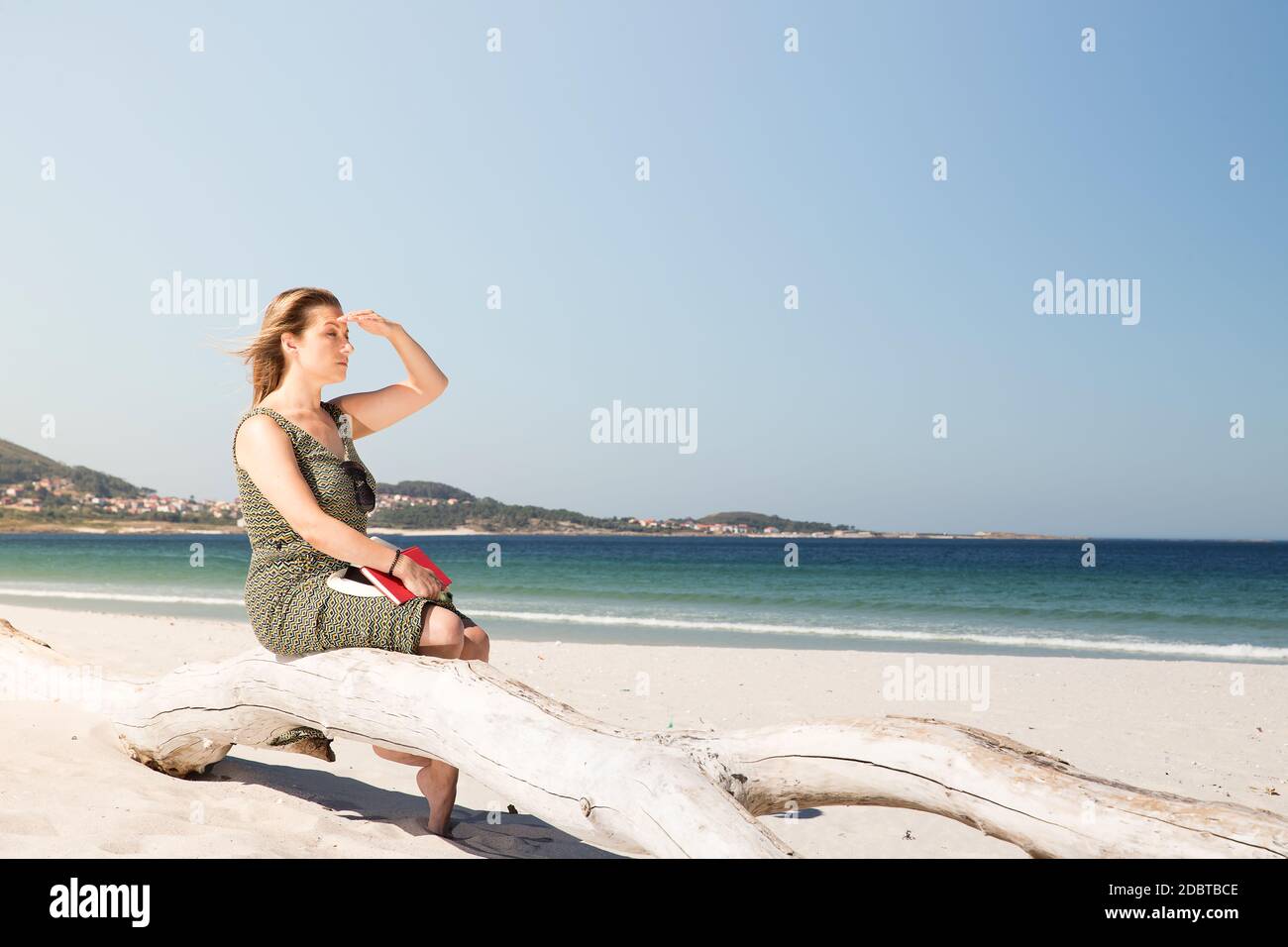 Eine blonde Frau mittleren Alters sitzt auf einem Baumstamm am Strand, schützt sich vor der Sonne mit der Hand in die Ferne und mit einem Buch zu sehen Stockfoto